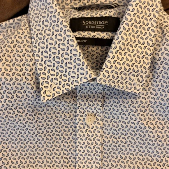 NEW Nordstrom Blue and White Non-Iron Trim Fit Dress Cotton Shirt medium - Picture 7 of 9